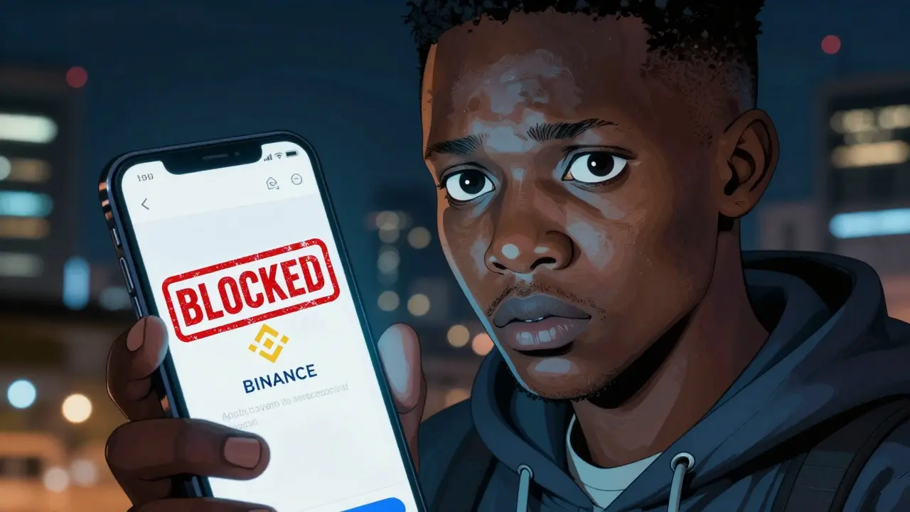 Anime style trader looking at blocked crypto app on phone screen