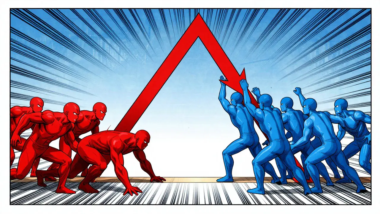 Anthropomorphic buyers and sellers compressing inside an ascending triangle.