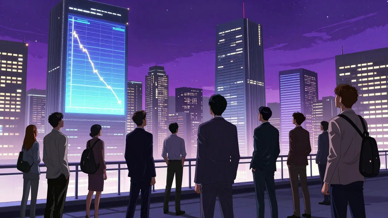 Business professionals on a rooftop overlooking a futuristic city with glowing financial screens