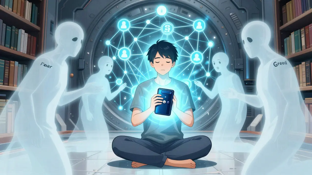 Character holding secure hardware wallet amidst fear and greed