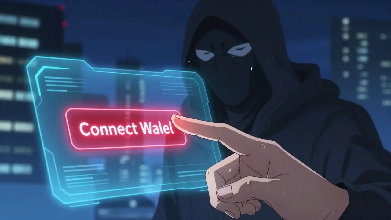 Close-up of a hand hesitating over a suspicious wallet connection button in anime style