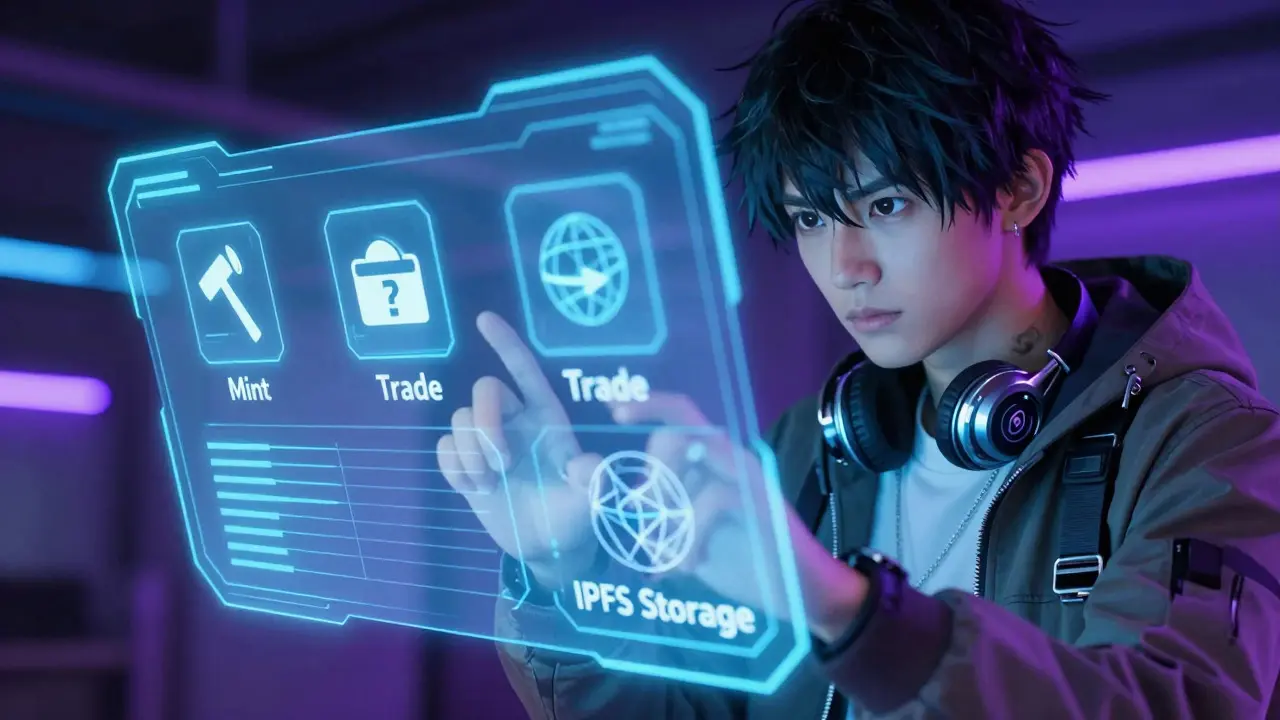 Close-up of manga character using a holographic interface to mint and trade digital assets.