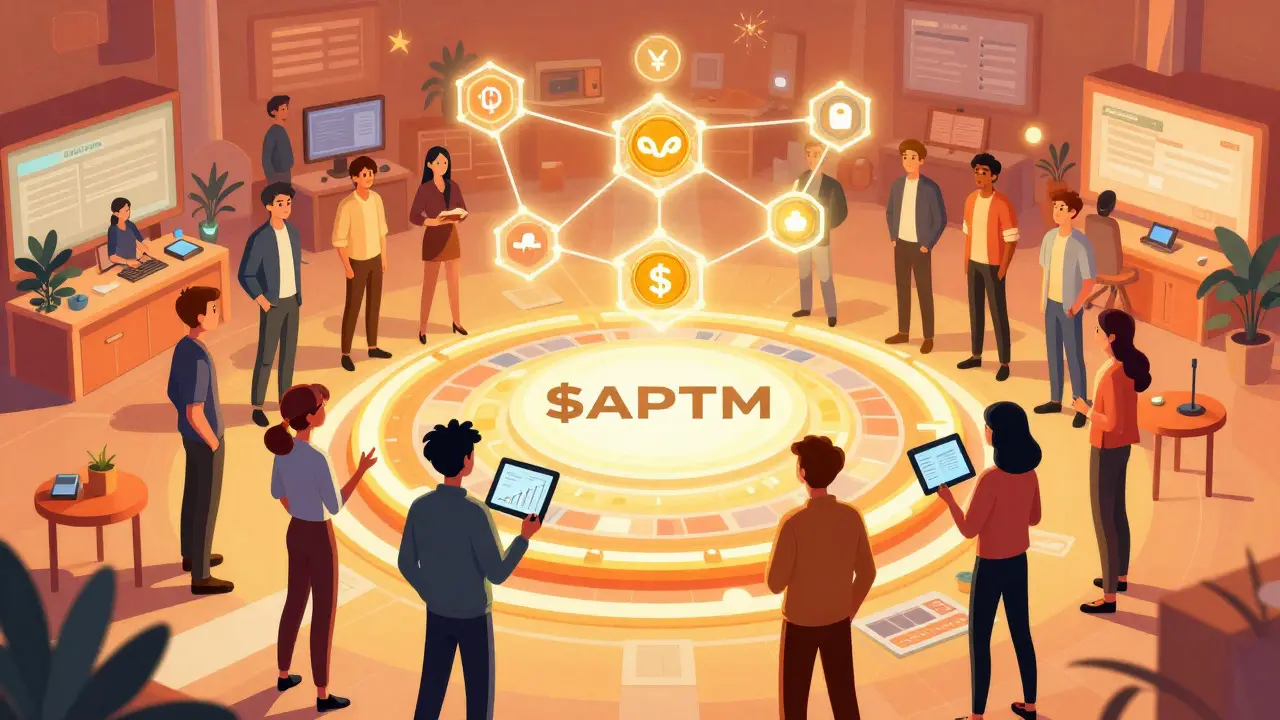 Community gathering around glowing DAO token