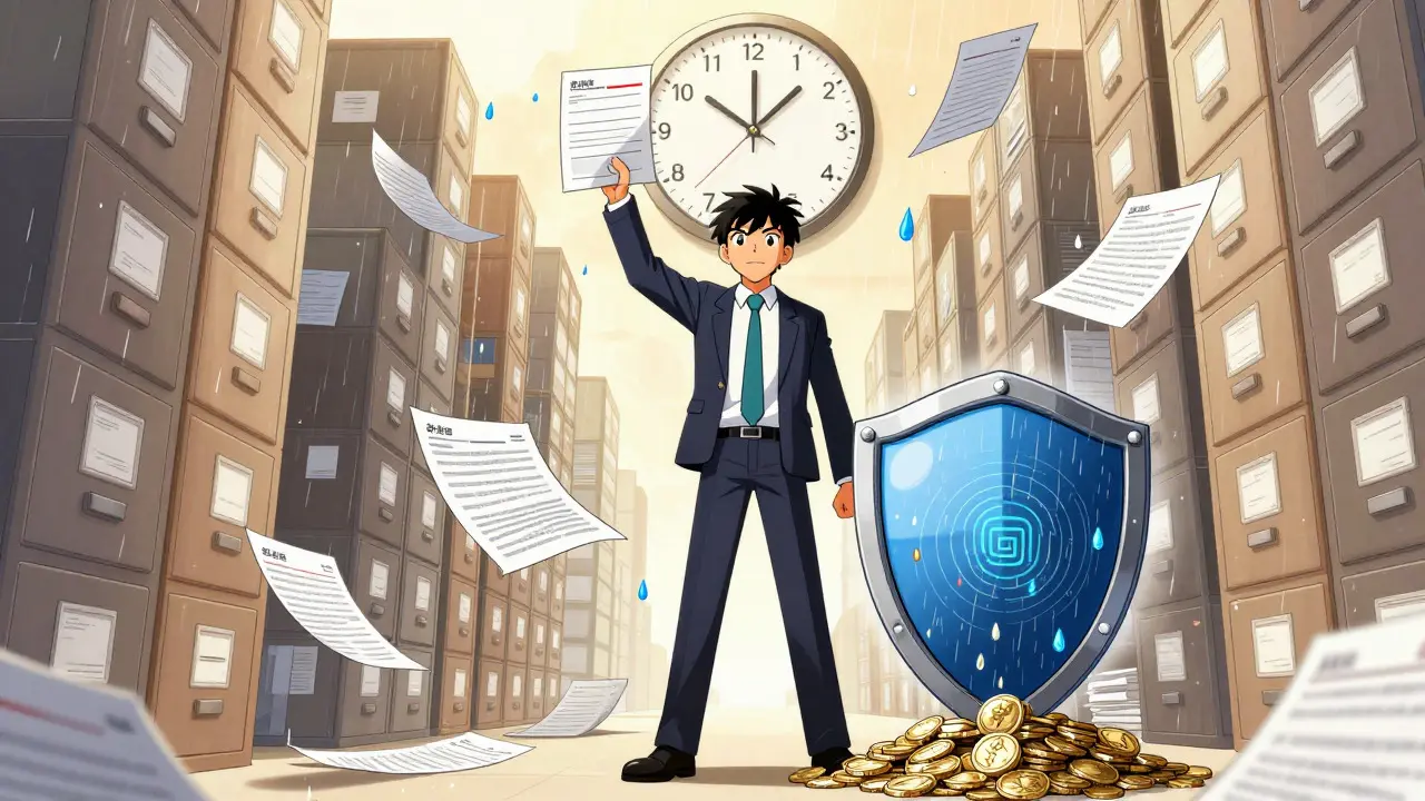 Confident advisor holding filed document against wall of paperwork and deadlines
