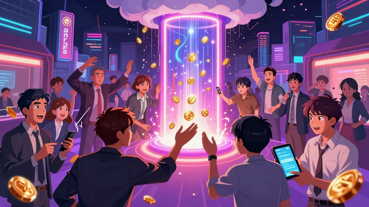 Crowd reaching for digital tokens falling from a glowing portal in a city
