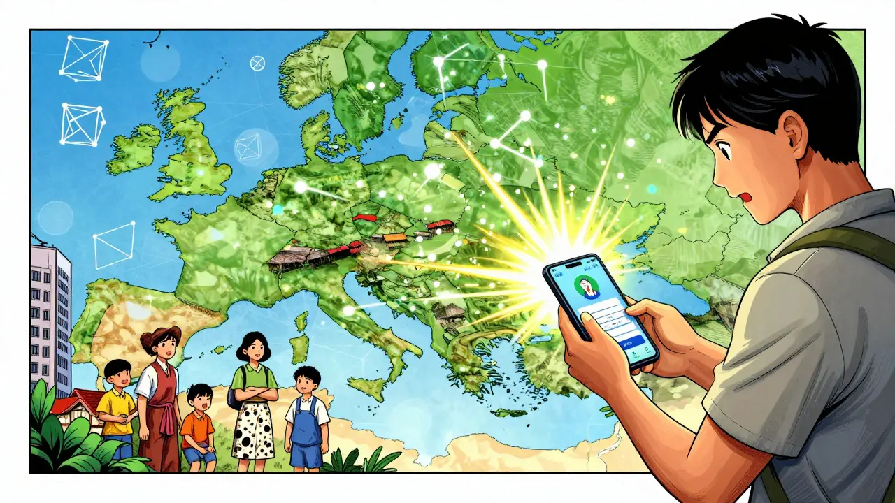 Digital money particles flying across map for instant international remittance