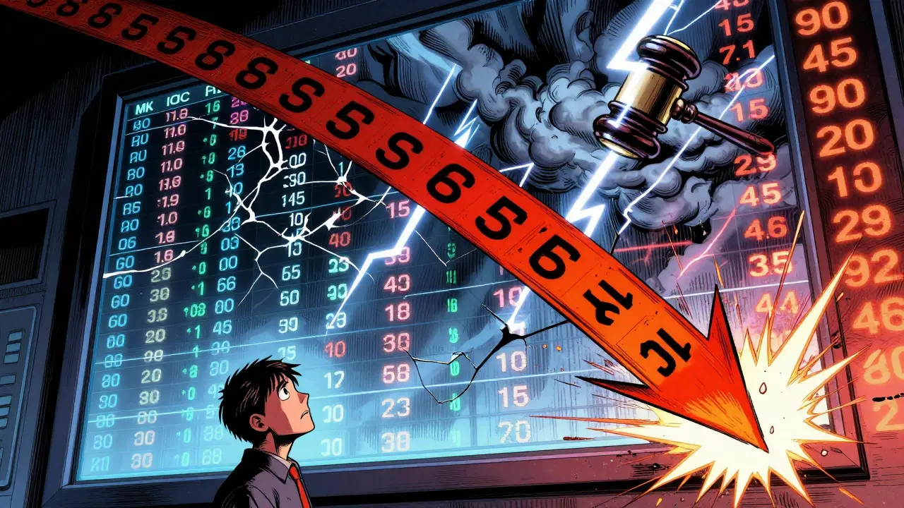 Dramatic manga scene showing a crashing market graph and regulatory storm