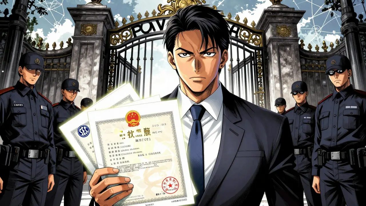 Executive presenting international licenses to strict PVARA gatekeepers in manga art