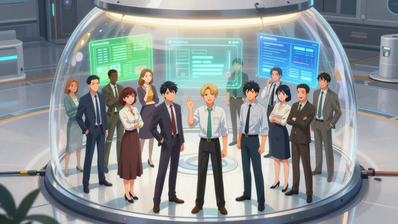 Fintech team collaborating with regulators inside a safe testing zone