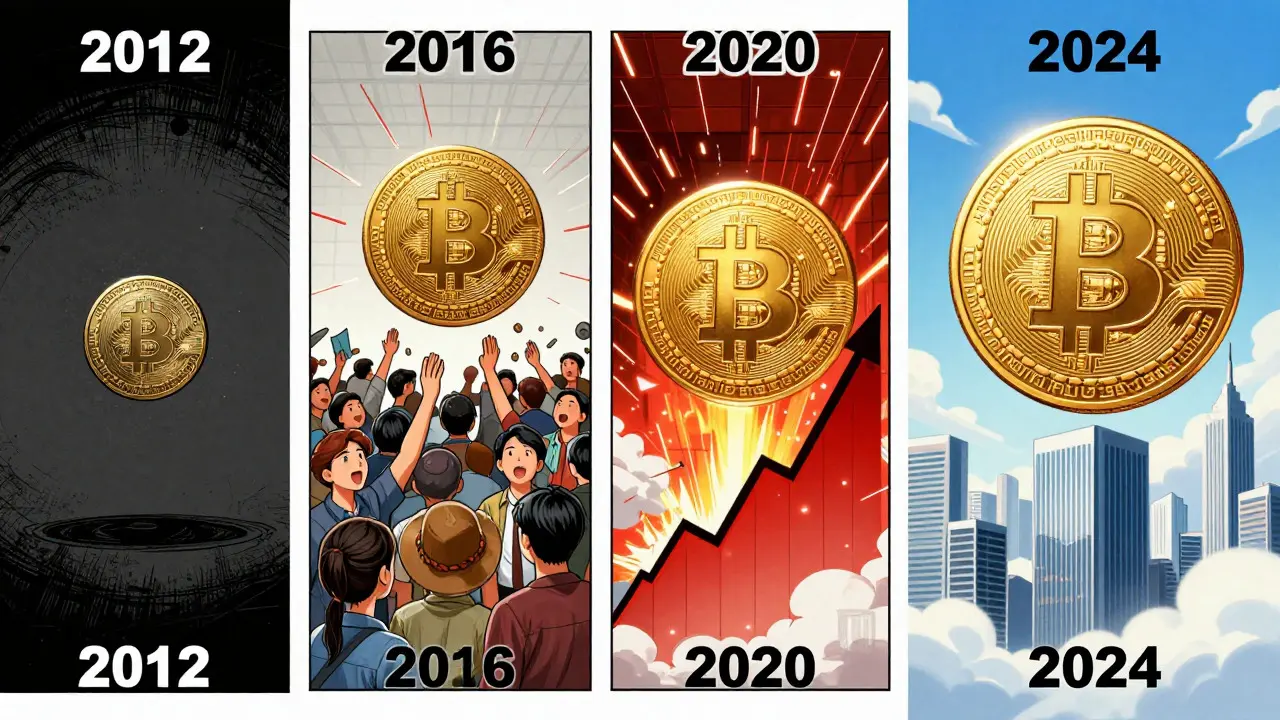 Four-panel manga timeline showing Bitcoin's evolution from 2012 to 2024