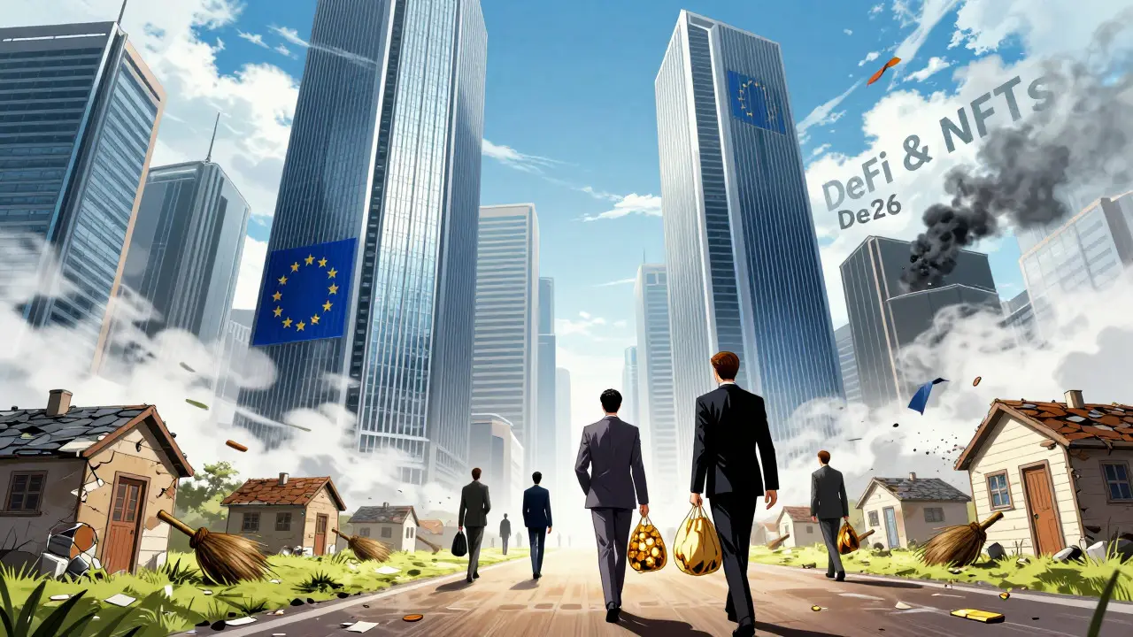 Futuristic cityscape showing consolidated crypto firms and departing small businesses in anime style.