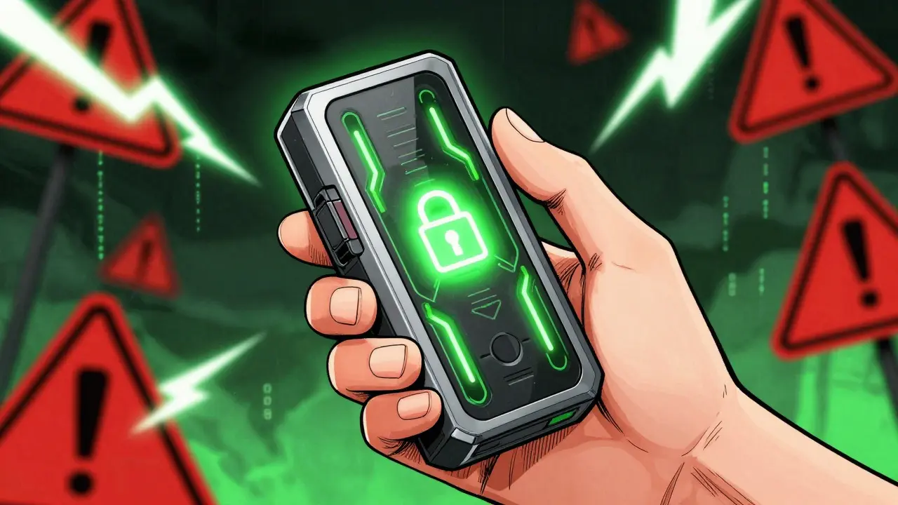 Hand holding a secure hardware wallet amidst a storm of risk symbols