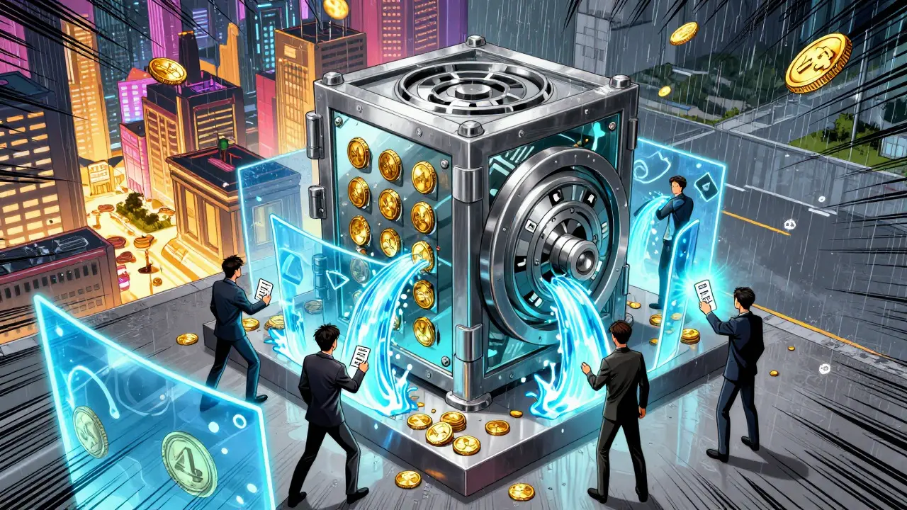 Illustration of users locking tokens into a vault to mint stablecoins