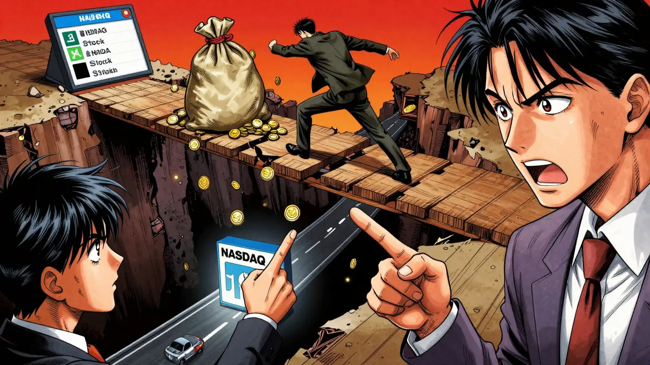 Investor stumbling on breaking bridge representing low liquidity and high risk.