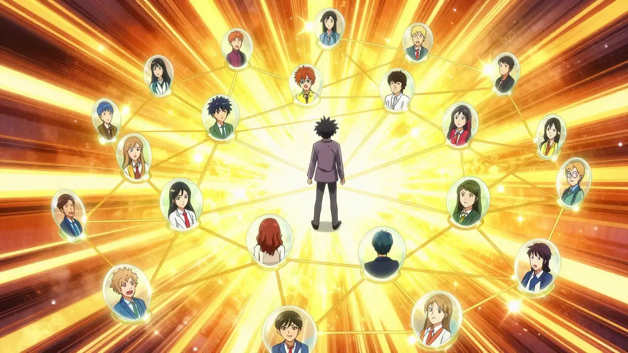 Manga art showing a central figure connected to many others by glowing referral links