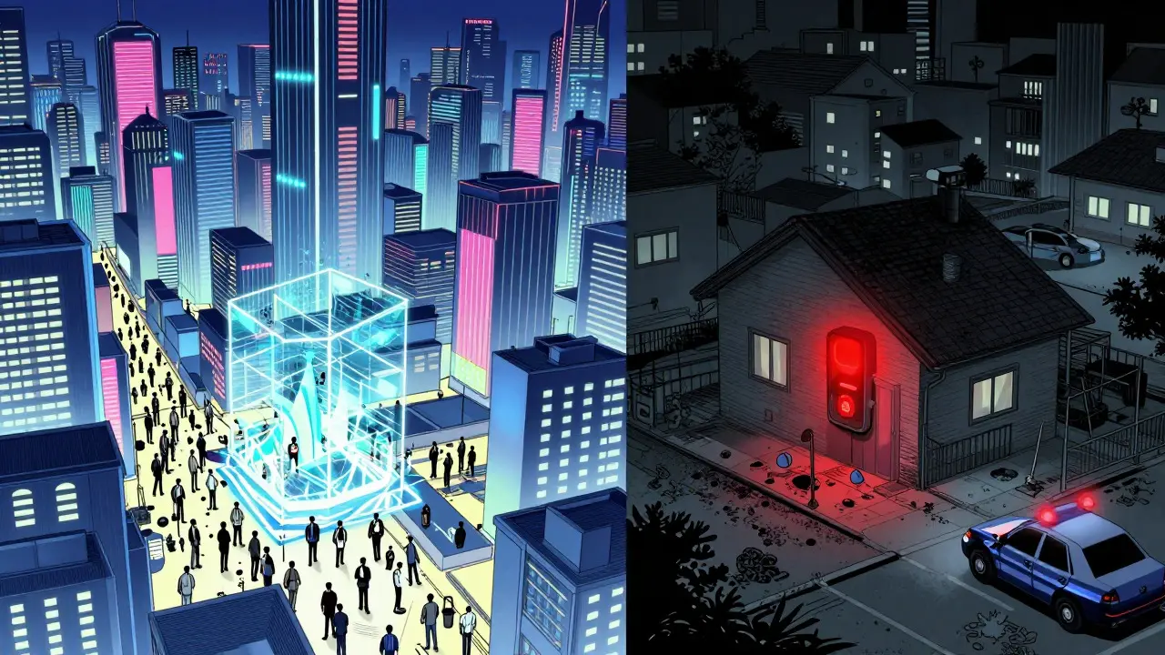 Manga cityscape contrasting a thriving tech district with a police raid on a mining home