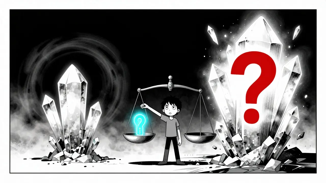 Manga depiction of a character weighing risks and opportunities with a glowing crystal