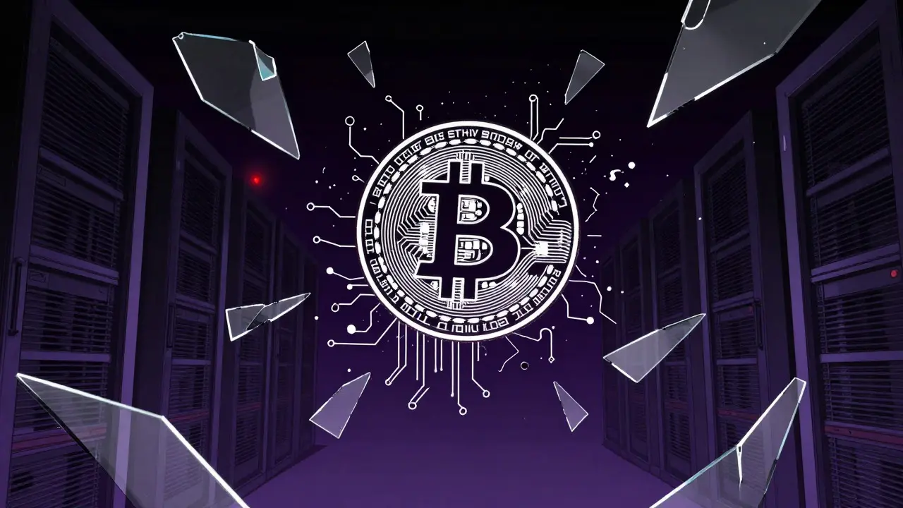 Manga illustration of a ghostly Bitcoin coin floating in a dark, broken digital space