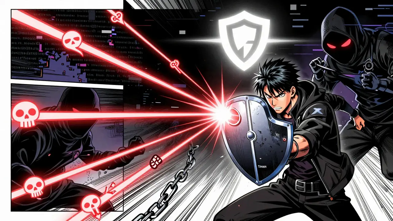 Manga illustration of a user protecting their hardware wallet from shadowy scam entities