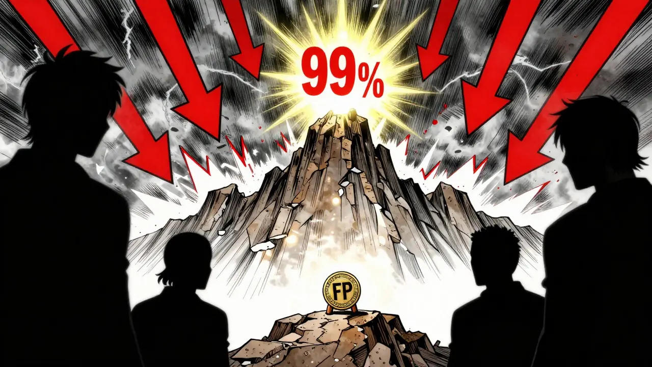 Manga illustration showing a tiny coin far below a high peak amidst stormy red graphs