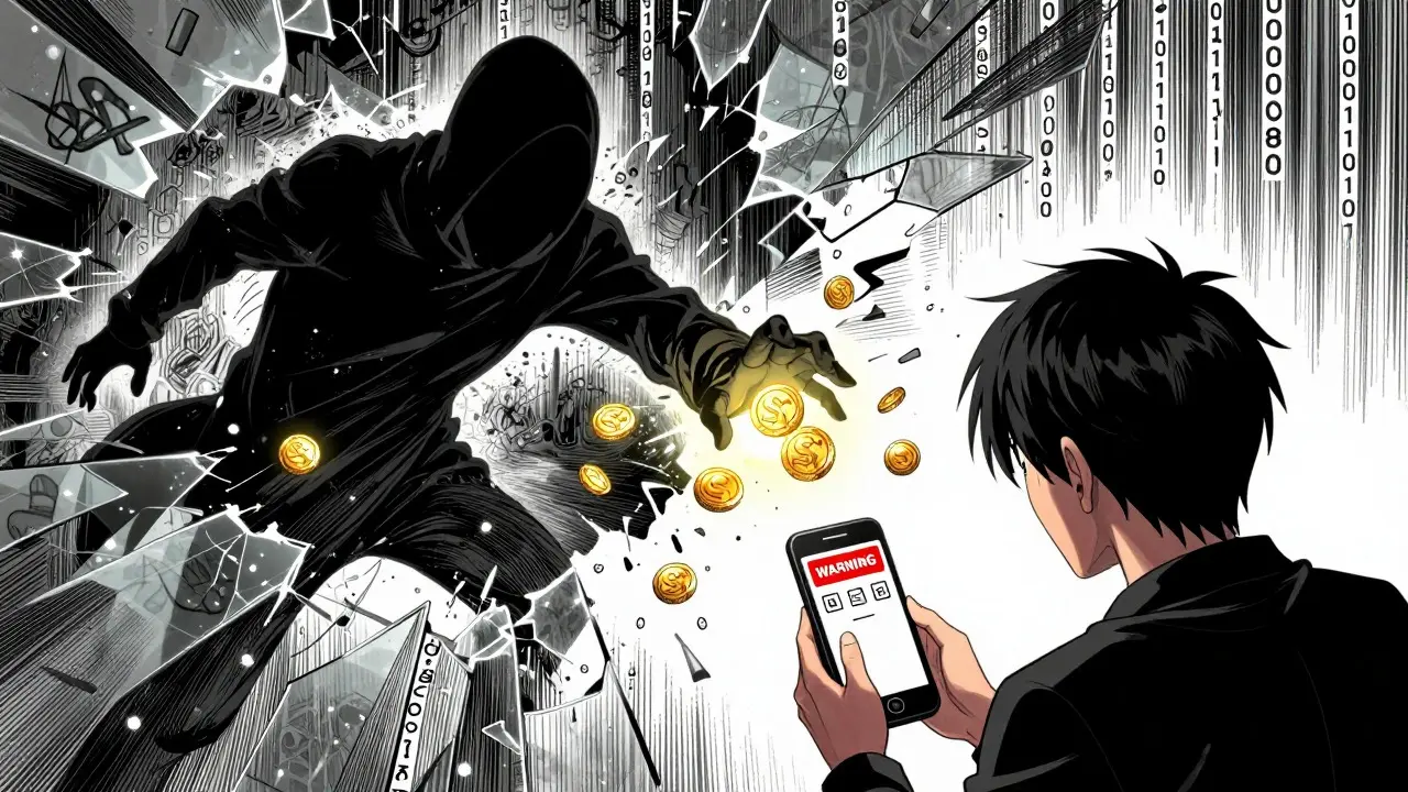 Manga scene of a hacker stealing digital tokens from a phone