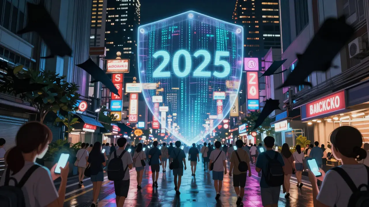 Manga scene of a protected city street with a digital shield overhead, representing consumer security