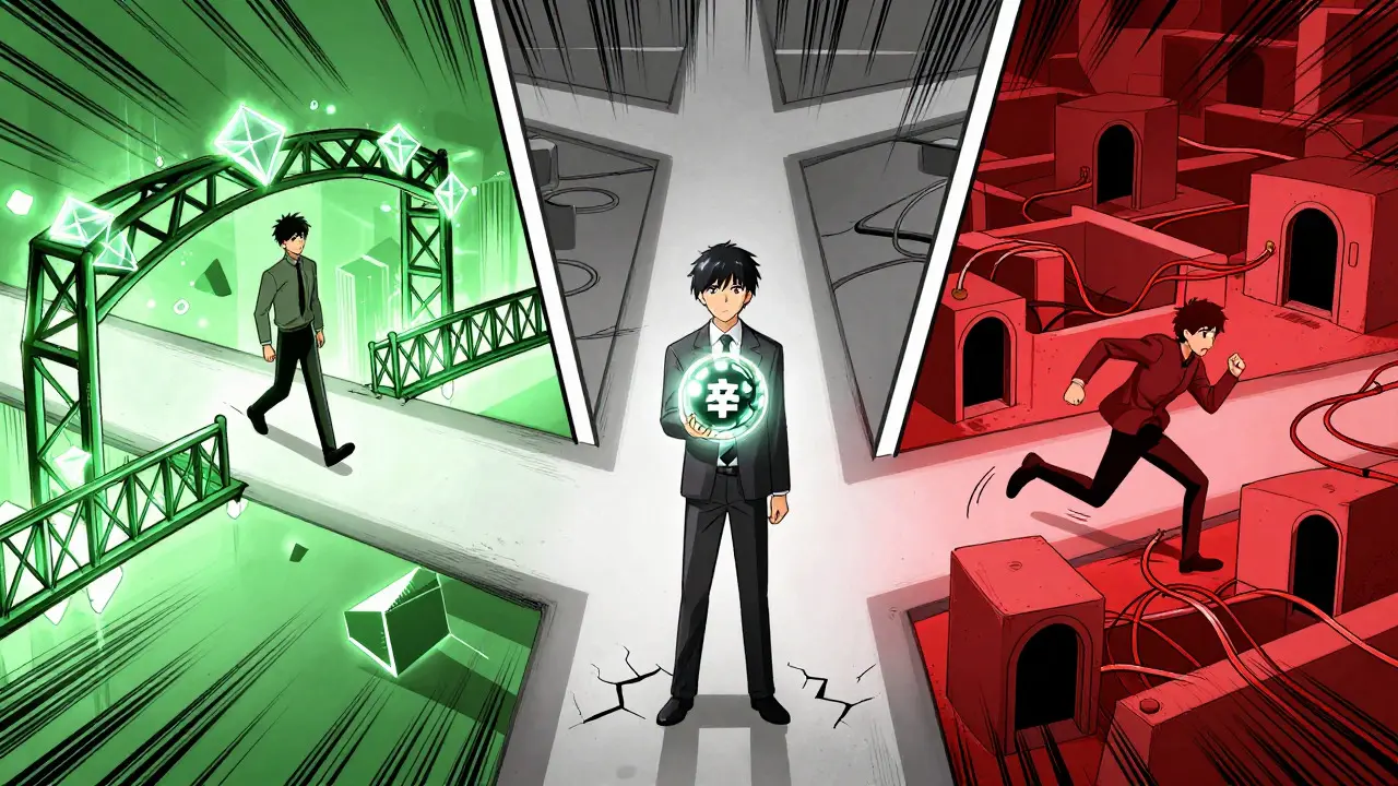 Manga split-screen showing three diverging paths for different crypto airdrop strategies