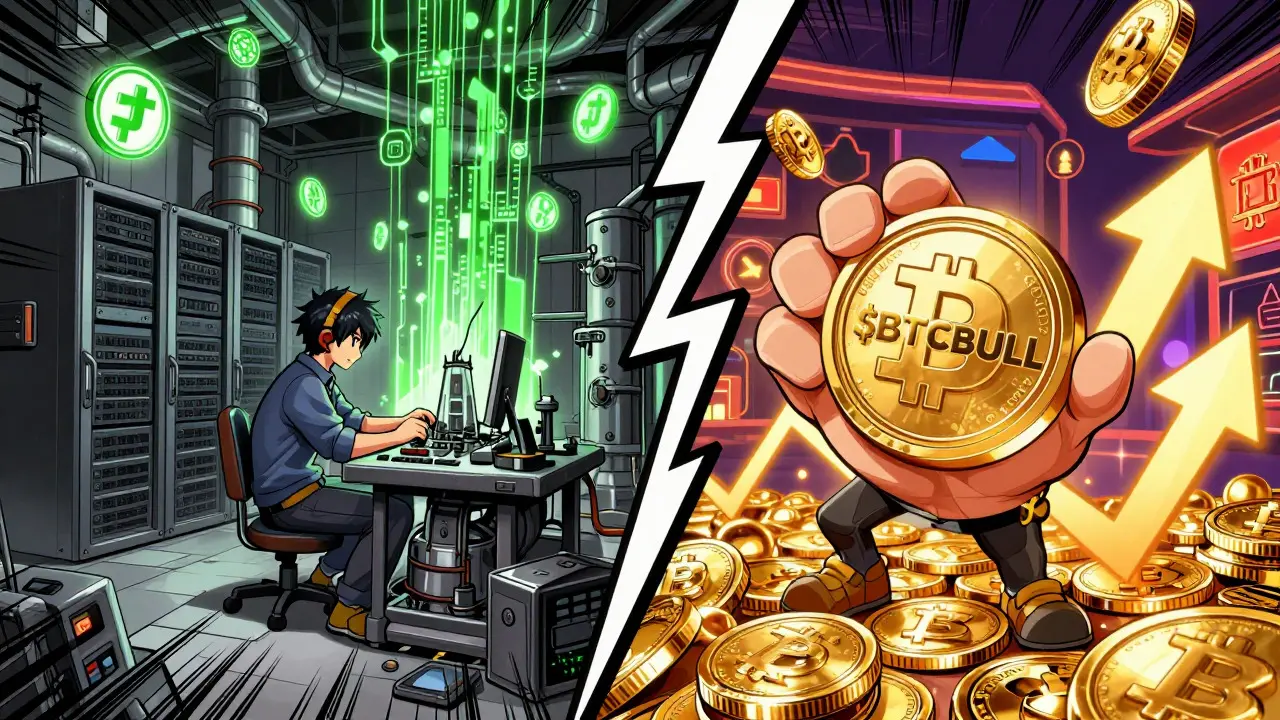 Manga split view comparing mining infrastructure vs speculative token gambling