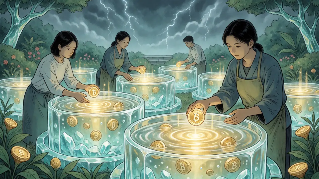 Manga-style liquidity providers adding tokens to glowing pools