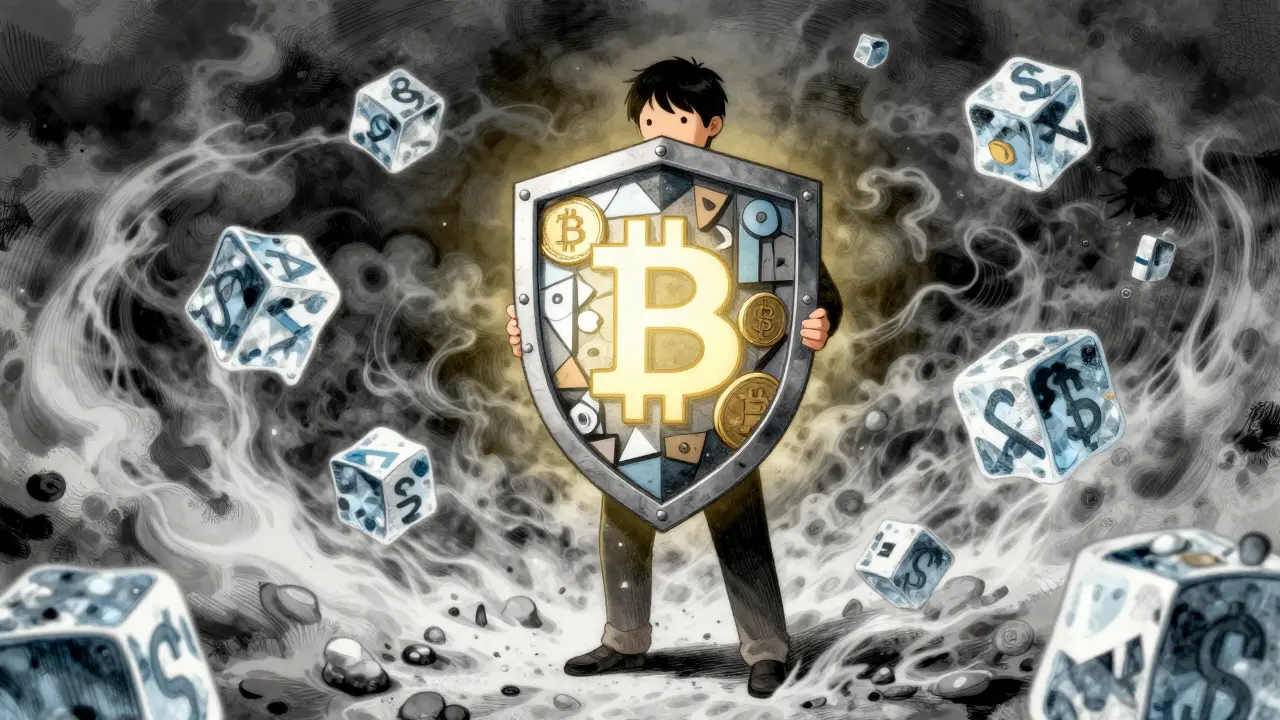 Person shielding savings from melting currency storm with crypto shield