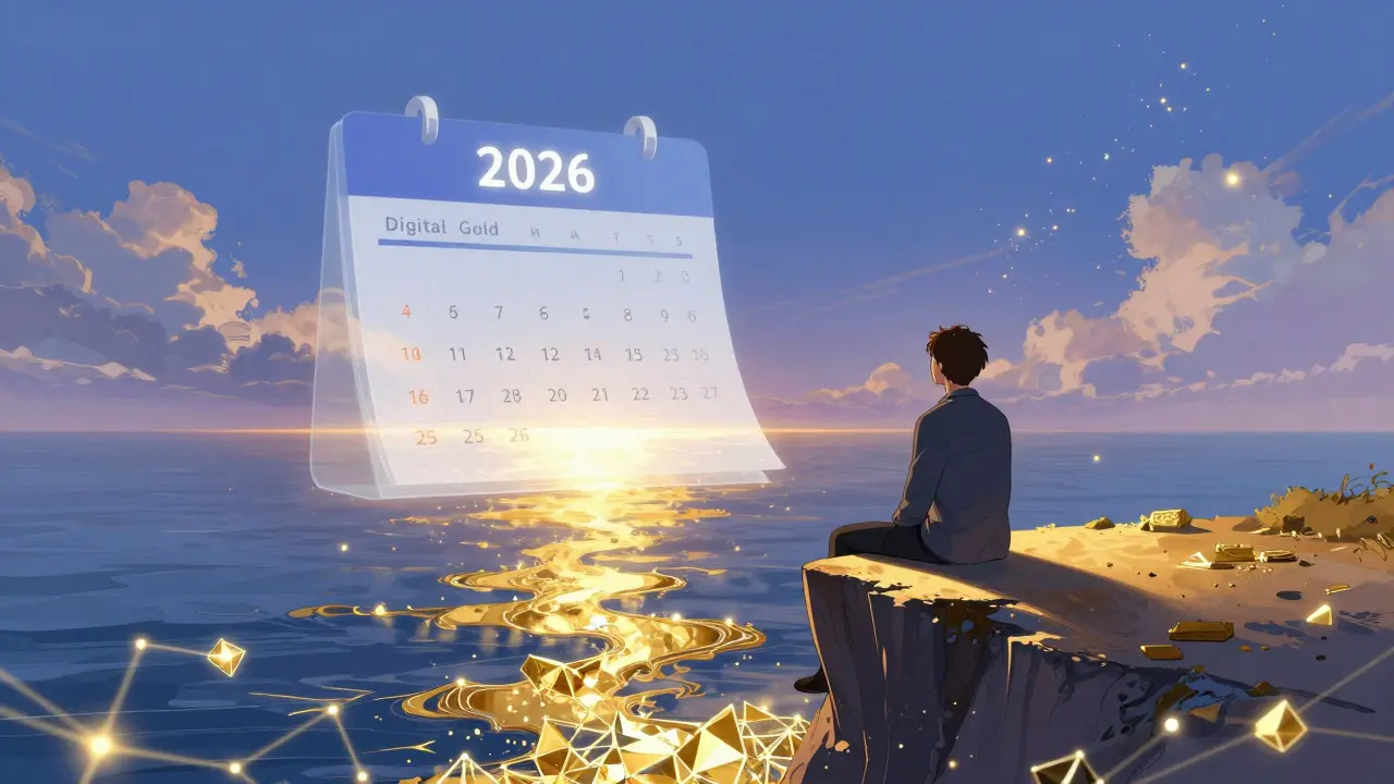 Serene manga scene of investor overlooking golden blockchain sea towards 2028