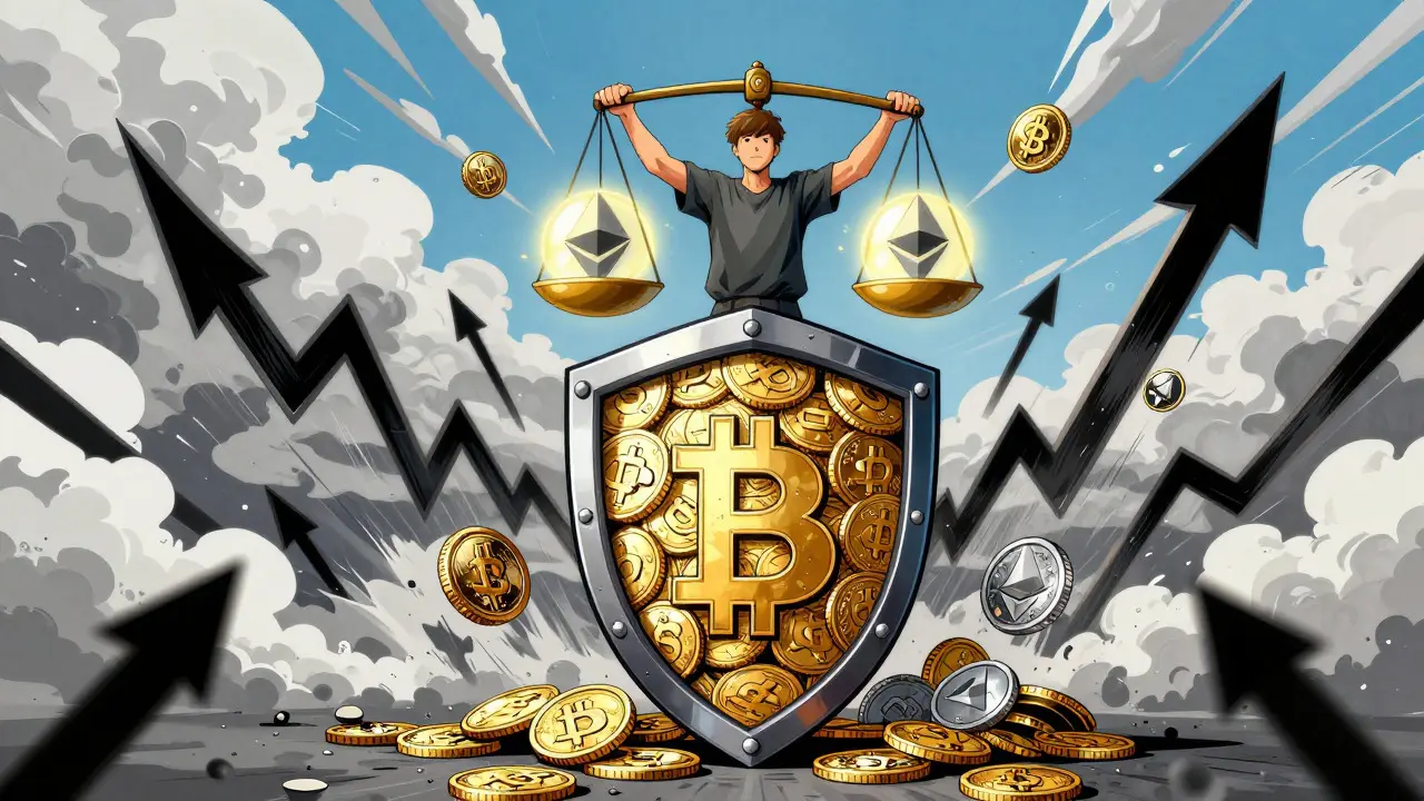 Shield of crypto assets protecting against market crash arrows