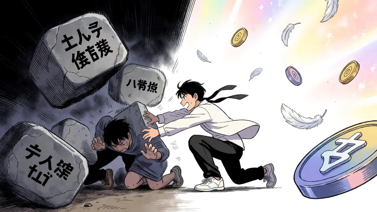 Split-screen manga comparing heavy gas fees vs. lightweight swaps