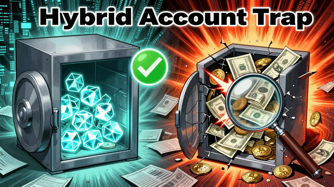 Split view showing safe pure crypto vault vs dangerous hybrid account with fiat