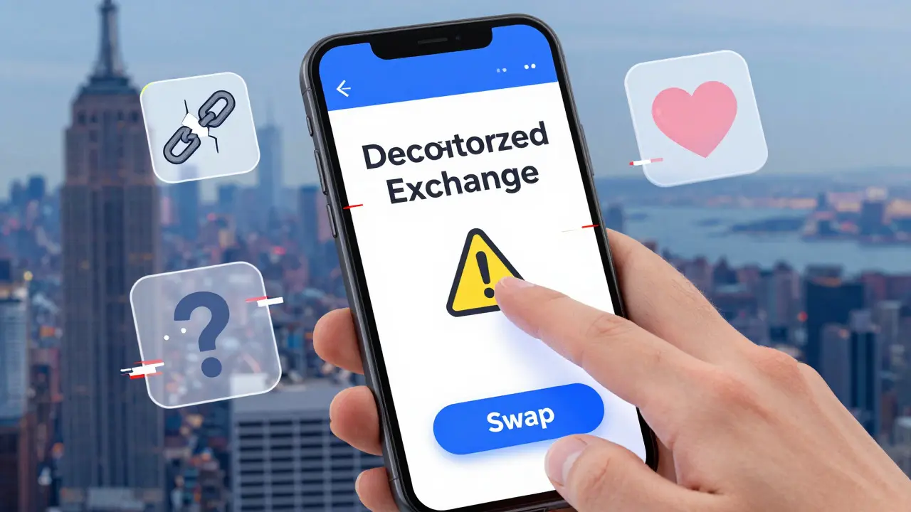 Stylized phone screen showing crypto swap risks with glitch effects and warning signs