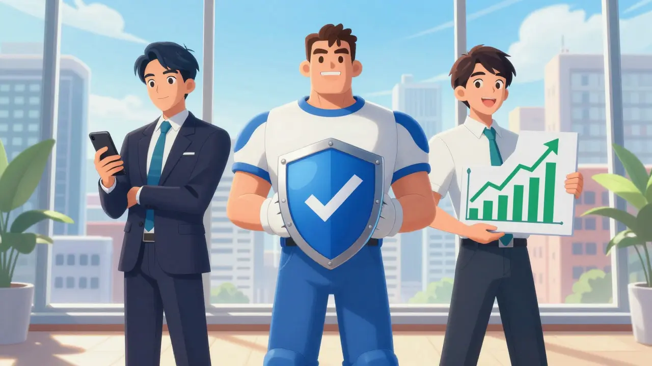 Three confident anime characters representing safe, regulated crypto exchanges in an office