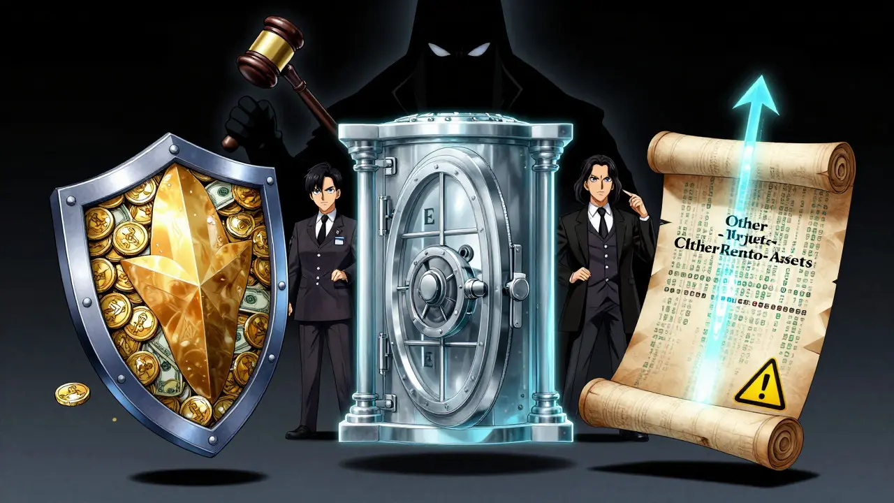 Three symbolic artifacts representing stablecoins and crypto assets under strict regulation in manga style.