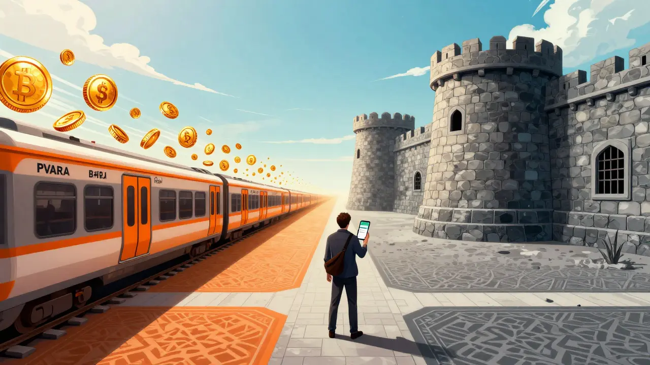 Traveler at crossroads between crypto innovation and banking restrictions in manga