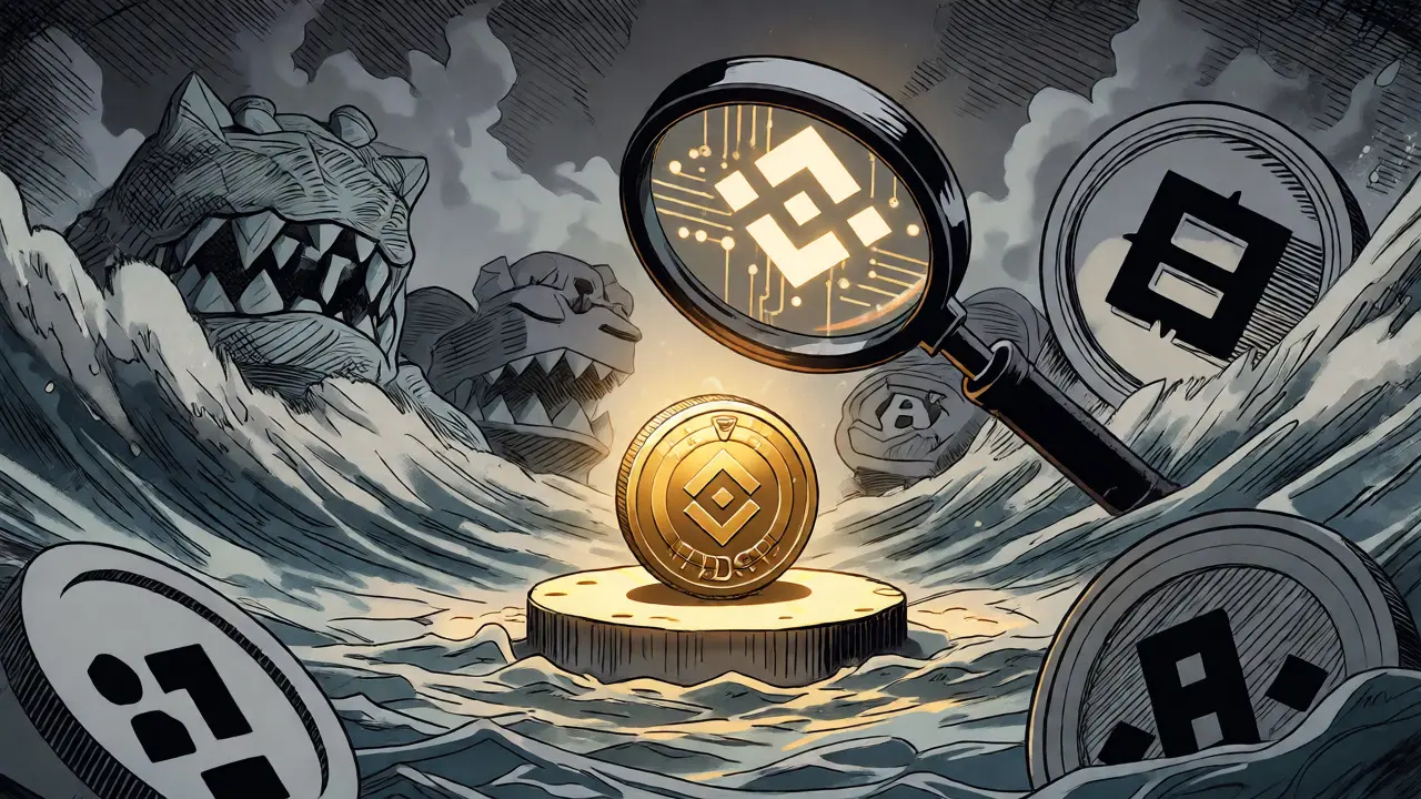 A small glowing coin protected from large crypto market waves in a dramatic manga scene.