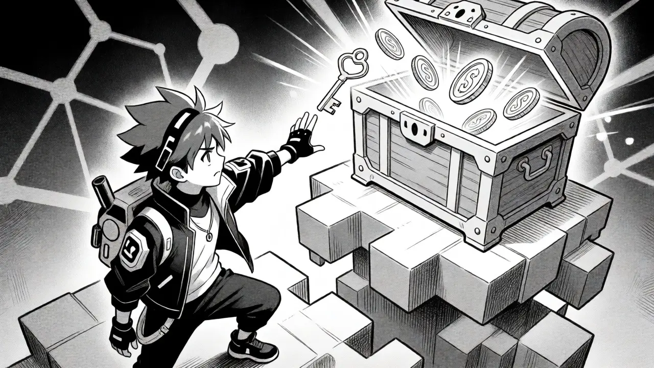 Anime character reaching for a treasure chest bursting with light tokens