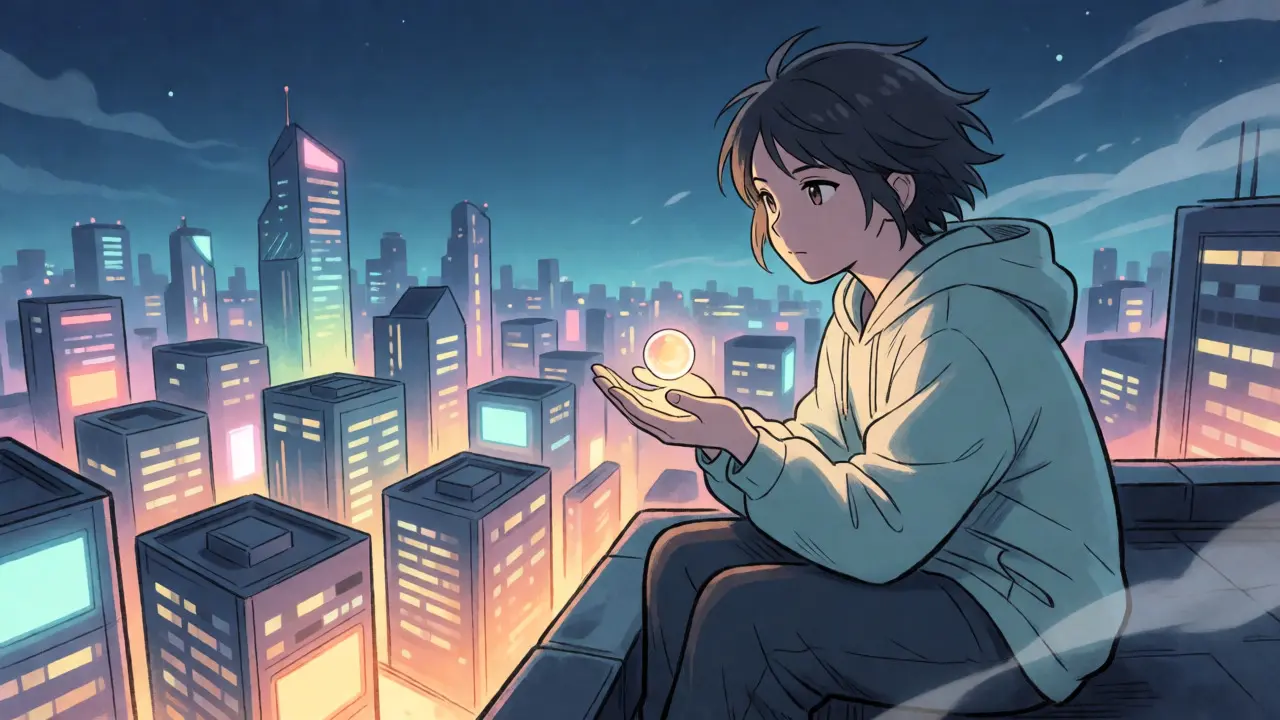 Anime figure holding a glowing orb overlooking a neon city at night