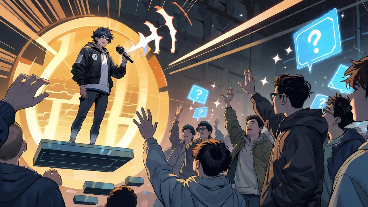 Anime protagonist hosting an AMA session with enthusiastic fans raising holographic question bubbles.