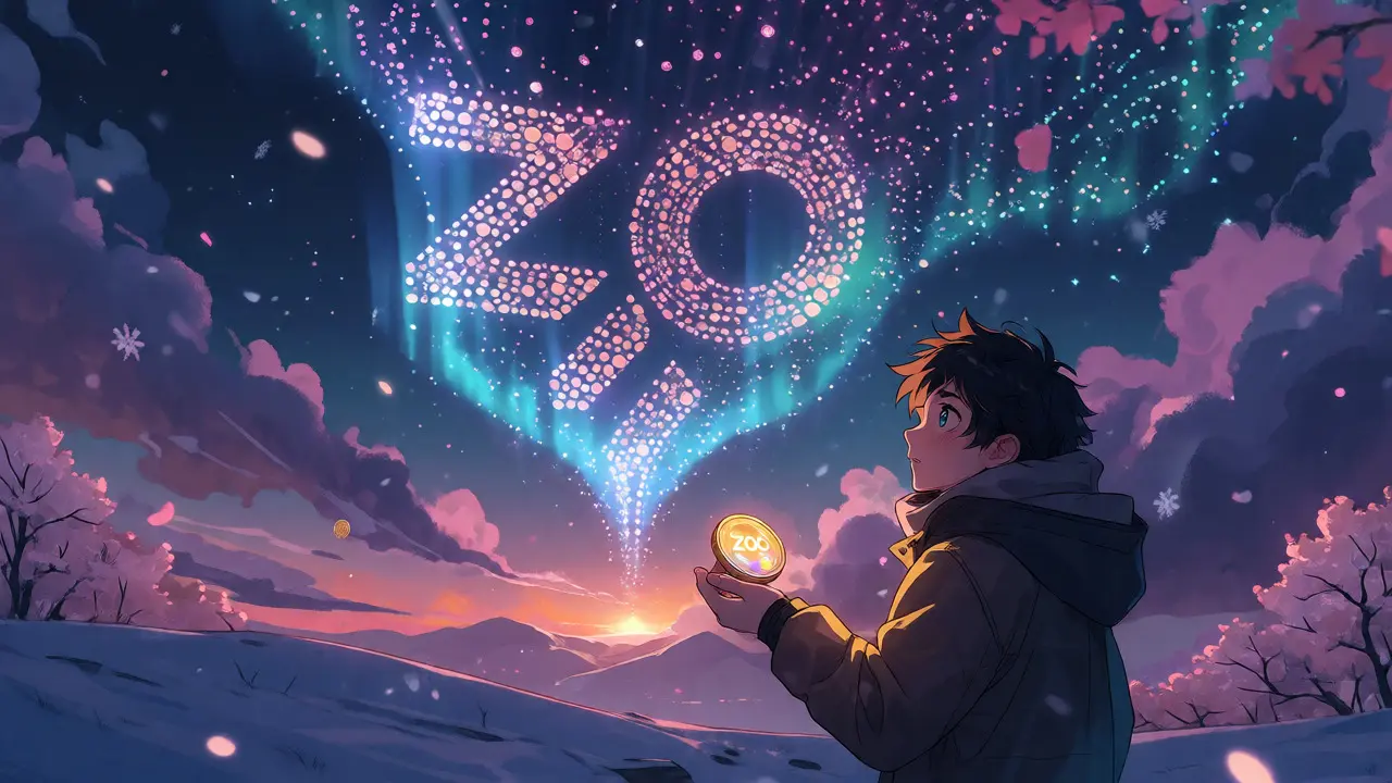 Anime protagonist viewing a giant holographic ZOO Crypto World logo in the night sky.