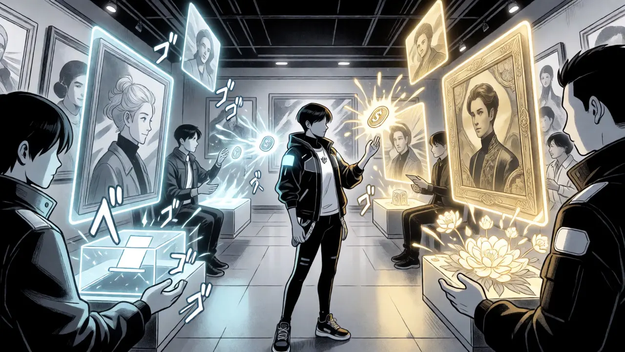 Anime style depiction of the AvatarArt VR marketplace and BNU token utility functions.