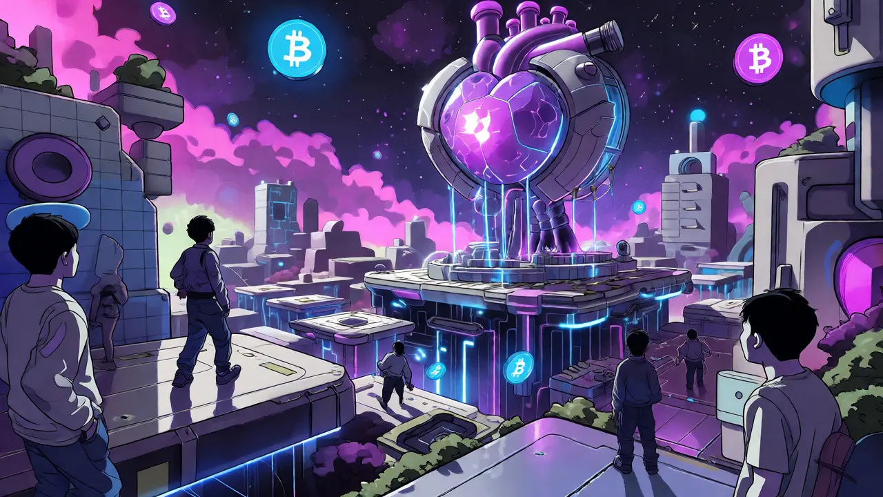 Avatars exploring a neon-lit cyberpunk metaverse with floating crypto tokens