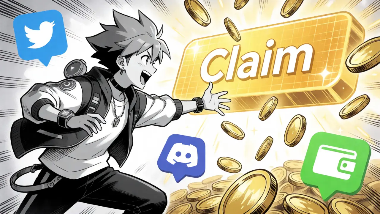 Character catching falling crypto tokens from a holographic claim button
