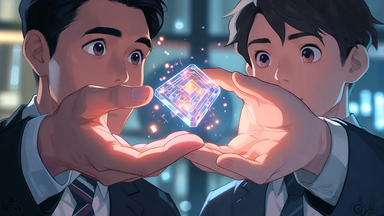 Close-up of hands exchanging a glowing digital asset token in manga style.
