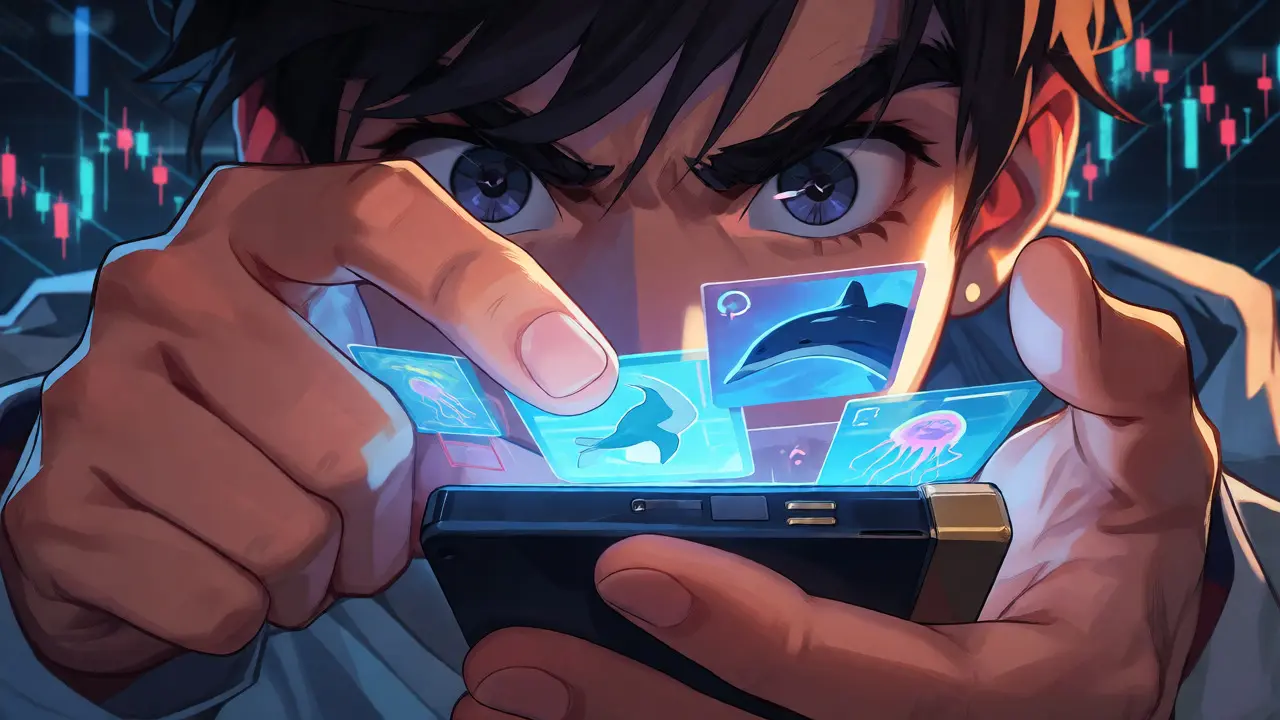 Close-up of hands managing a crypto wallet and selecting marine-themed NFTs