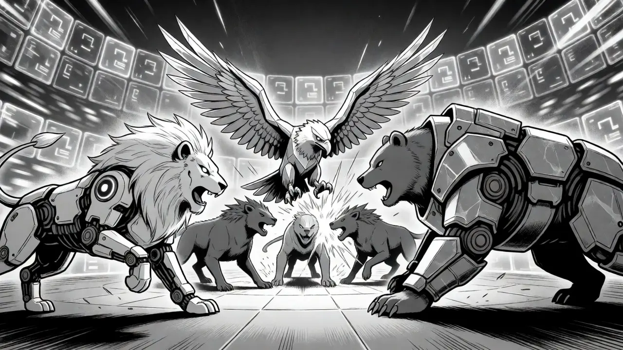Dynamic manga battle scene featuring NFT animals fighting in a digital arena