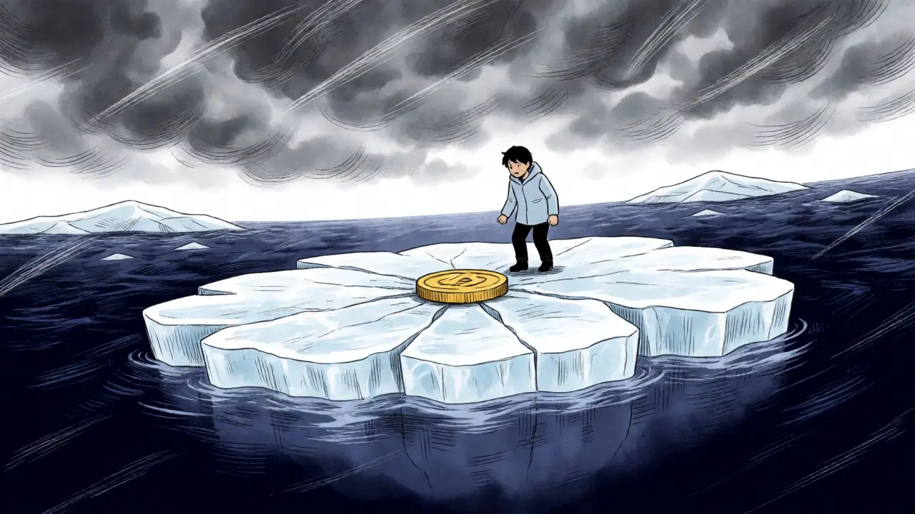 Figure standing on cracking ice holding a coin, symbolizing Ketaicoin's illiquid market